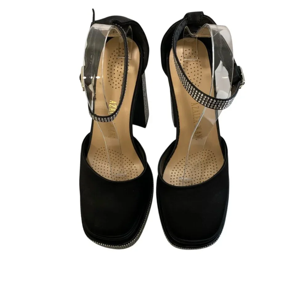 Azalea Wang Sugar Spice Chunky Platform Heels Women 7 Black Studded Satin Bridal